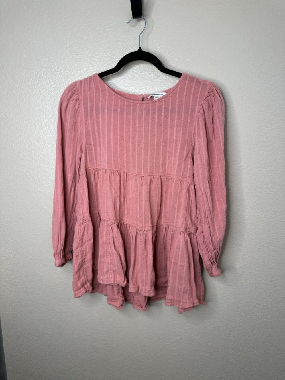 American Eagle Womens Tiered Long Sleeve Blouse S Indian Pink Cotton oversized